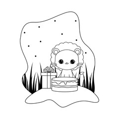 Canvas Print - cute lion with cake of birthday and gift box