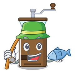 Sticker - Fishing cartoon coffee grinder above wooden table