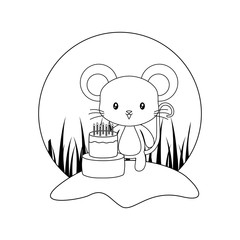 Poster - cute mouse animal with cake of birthday in landscape