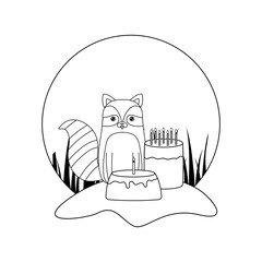 Sticker - cute raccoon with cakes of birthday in landscape