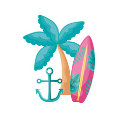 Sticker - surfboard with tropical palm and anchor