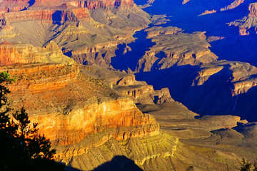 The beautiful view of Grand Canyon from the south rim of Grand Canyon National Park on a sunny day. 