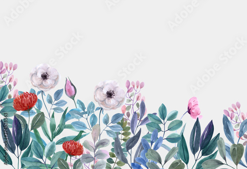 invitation frame set; flowers, leaves, watercolor, isolated on white. Sketche...