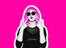 Acid Crazy Beautiful Rock. A Girl In A Bright Pink Wig And Sunglasses. Dangerous Rock Party Is Boring, A Woman Ironically Having Fun. Flash Style On A Colored Background. Exclusive