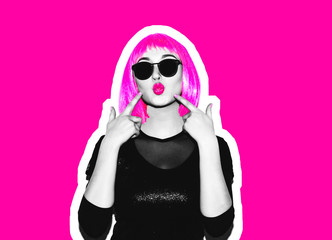 Acid crazy beautiful rock. A girl in a bright pink wig and sunglasses. Dangerous rock party is boring, a woman ironically having fun. Flash style on a colored background. Exclusive