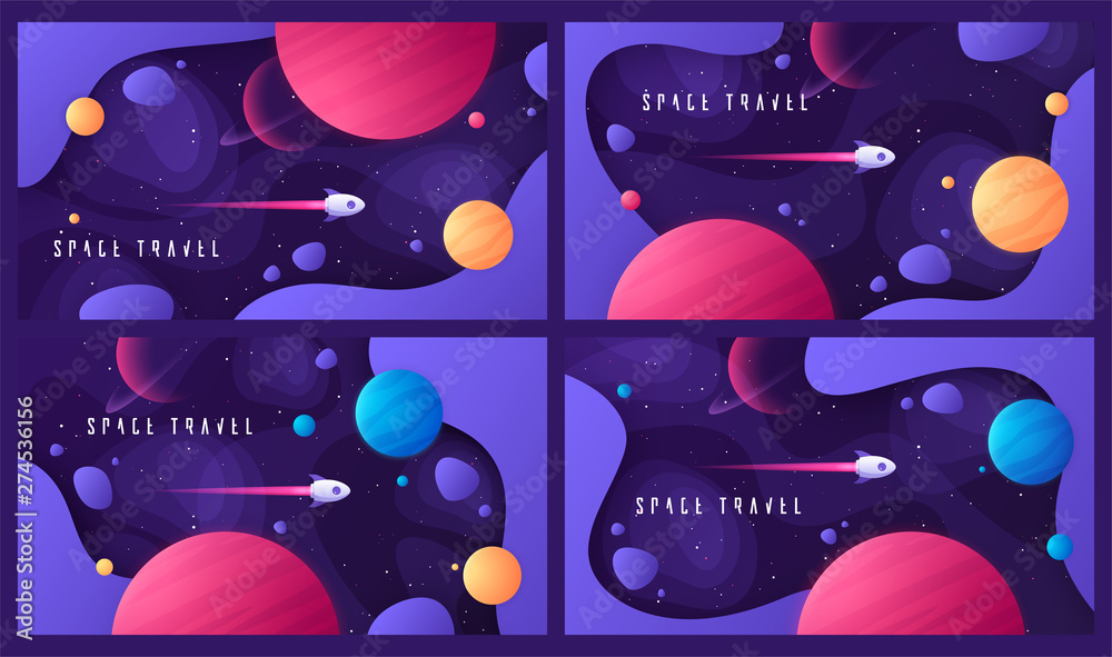 Set of vector illustration on the topic of outer space, interstellar travels, universe and distant galaxies - obrazy, fototapety, plakaty 