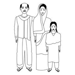 Wall Mural - indian family avatar cartoon character in black and white