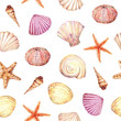 Watercolor seamless pattern with underwater life objects - seashells, starfish, corals, stones and sea urchin.