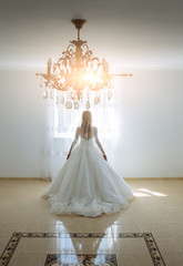 Wall Mural - Beautiful bride with lace veil is walking in the room. Wedding photo. Luxury flat.