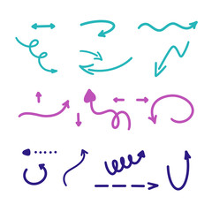  Abstract blue violet green Arrows set. Doodle handmade marker style. Sketch collection illustration purple for note, business plan graphic presentation print textiles wrapping wallpaper website Vector
