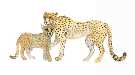 Hand drawn watercolor illustration with cute cheetahs. Baby and mother cheetah isolated on the white background