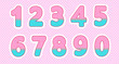 Set of numbers in lol doll style. Baby design. Bright pink, blue colors. Polka dot pattern