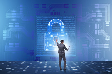 Man in digital security concept pressing button