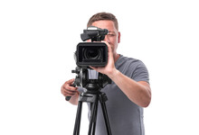Cameraman. Video Camera Operator Isolated On A White Background.