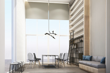 Poster - Co-wokring space with wall decorate and bookshelf built-in on wooden floor. 3d rendering