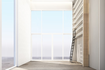 Poster - Co-wokring space with wall decorate and bookshelf built-in on wooden floor. 3d rendering