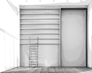 Poster - Co-wokring space with wall decorate and bookshelf built-in on wooden floor. 3d rendering