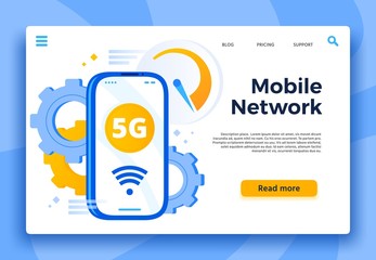 Poster - mobile 5g network landing page. communication system, cellular connection and fast internet for smar