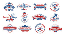 Barbershop Badges. Vintage Barber Label, Retro Shave Salon Badge And Gentleman Haircut Old Sign. Barbers Hipster Mustache Or Beard Logotype, Barbering Tattoo. Vector Illustration Isolated Symbols Set