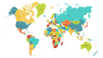 colored world map. political maps, colourful world countries and country names. geography politics m