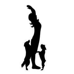 Poster - Vector silhouette of woman who practicing with her dogs on white background. Symbol of friends and funny activities.