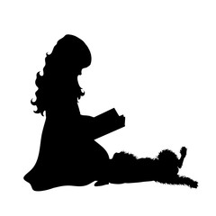 Poster - Vector silhouette of child who play with dog on white background. Symbol of friends and funny activities.