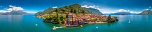 Aerial View Of Varena Old Town On Lake Como With The Mountains In The Background, Italy, Europe