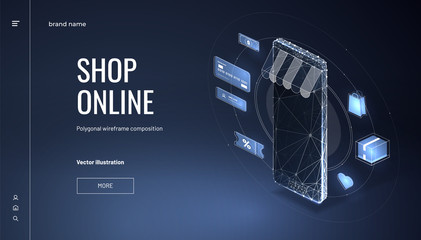 Online store. Smartphone - internet shop. Low poly wireframe style. Isometric smartphone with awning and icon shopping. Stages of online shopping. Abstract isolated on blue background.
