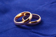 Gold wedding rings. Two engagement rings close up on blue velvet background, macro jewelry for newlyweds.