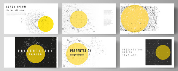 Poster - The minimalistic abstract vector illustration layout of the presentation slides design business templates. Science or technology 3d background with dynamic particles. Chemistry and science concept.