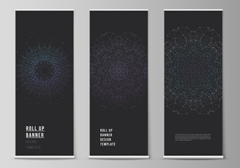 The vector layout of roll up banner stands, vertical flyers, flags design business templates. Big Data Visualization, geometric communication background with connected lines and dots.