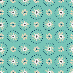 Wall Mural - Pretty doodled flowers seamless pattern with dotted circle borders. Mint green with navy blue, tan and off white. Great for textiles, stationery items, scrapbooking paper and product packaging.