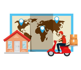 Sticker - worker of delivery service in motorcycle with house and map