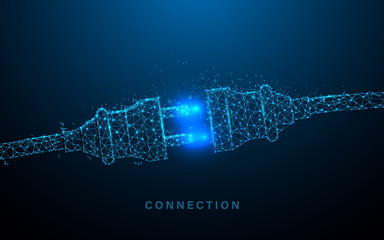Fototapete - Electric socket with a plug. Connection and disconnection concept. lines, triangles and particle style design. Illustration vector