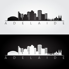 Adelaide skyline and landmarks silhouette, black and white design, vector illustration.