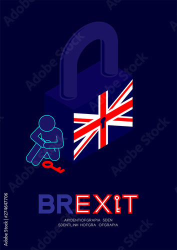 Man Pictogram And Question Mark With Key Sitting Beside Isometric Lock United Kingdom Flag Pattern With Keyhole Brexit Concept Design Illustration Isolated On Blue Background With Space Vector Buy This Stock