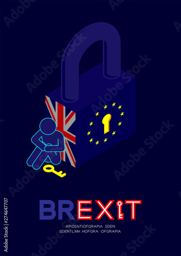 Man Pictogram And Question Mark With Key Sitting Beside Isometric Lock United Kingdom Flag Pattern With Keyhole European Union Eu Flag Brexit Concept Design Illustration Isolated On Blue Background Buy This