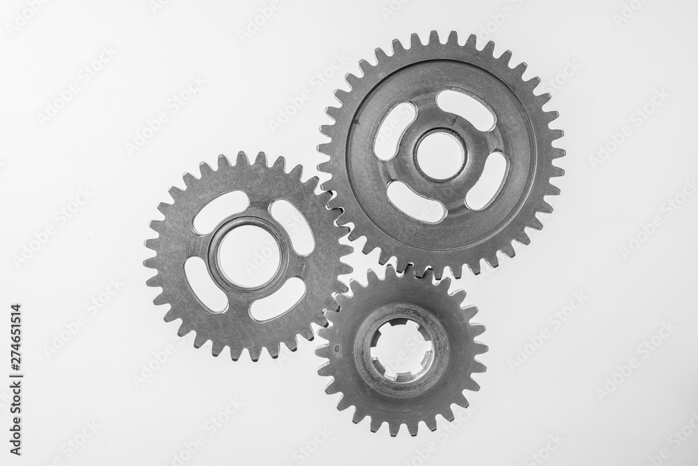 top view of 3 metal gear isolated on white - obrazy, fototapety, plakaty 
