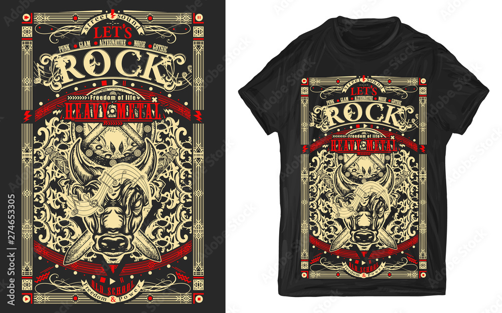 Rock music. Angry bull Minotaur and crossed swords. Heavy metal, Let's Rock slogan. Musical old school print for t-shirts and another, trendy apparel design - obrazy, fototapety, plakaty 