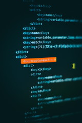 Abstract computer script code. Programming code screen of software developer. Software Programming Work Time. Code text written and created entirely by myself.