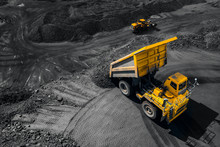 Open Pit Mine Industry, Big Yellow Mining Truck For Coal, Top View Aerial Drone
