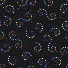 Seamless Pattern Of Spiral Round Swirls Of Stars Of Different Colors On Dark Backdrop.