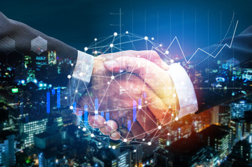 Wall Mural - Deal. business man handshake with global network link connection, graph chart of stock market graphic diagram and night city background, digital technology, internet communication, partnership concept