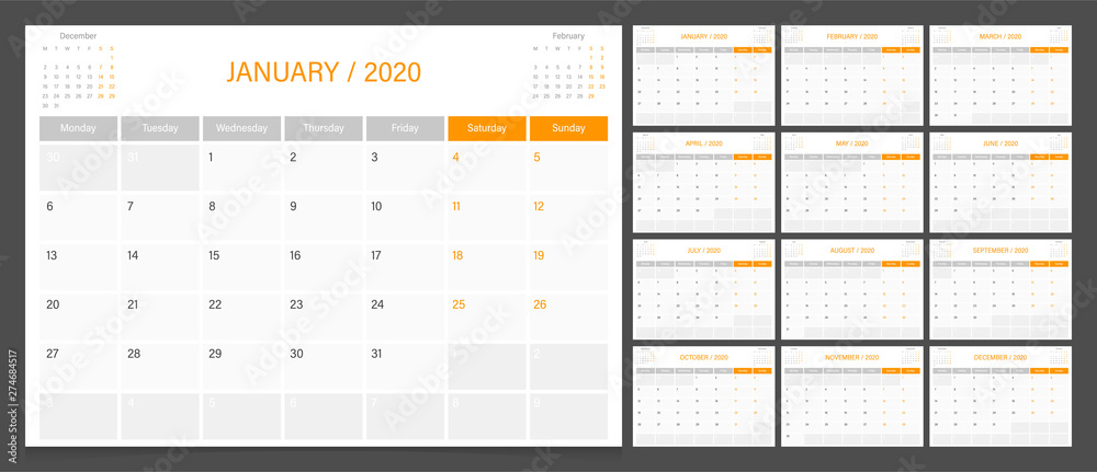 2020 calendar planner design template vector week start Monday. - obrazy, fototapety, plakaty 