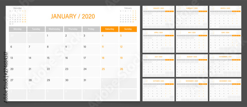 Cuadros en Lienzo 2020 calendar planner design template vector week start Monday.