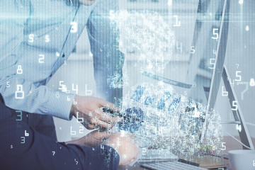 Aufkleber - Multi exposure of tech drawings with man working on computer background. Concept of innovation.