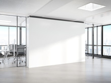 Blank White Wall In Concrete Office With Large Windows Mockup 3D Rendering