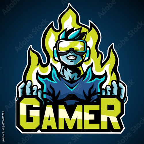 Fotomural Gamer, Mascot logo, Sticker design, Vector illustration.
