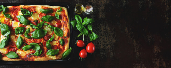 Homemade caprese pizza. Rectangular vegetarian pizza. Square pizza. Keto diet Banner.