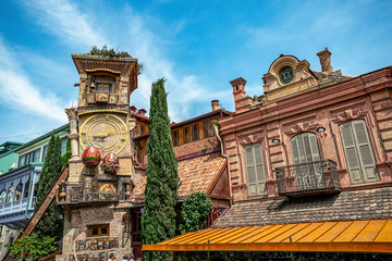 01/05/2019 Tbilisi, Georgia, overlooking the clock tower of the Rezo Gabriadze Marionette Theater, in the old Tbilisi city. incredibly exciting and interesting during the puppet show